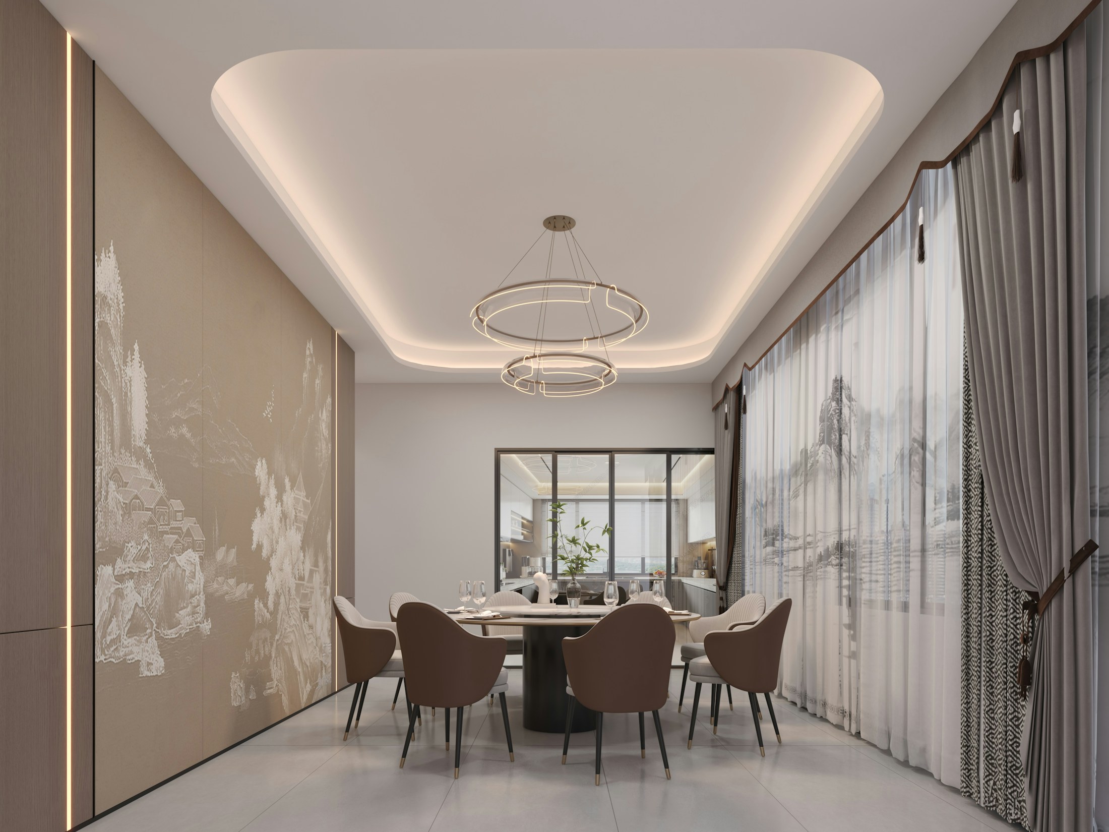 Layered lighting in a finished dining room